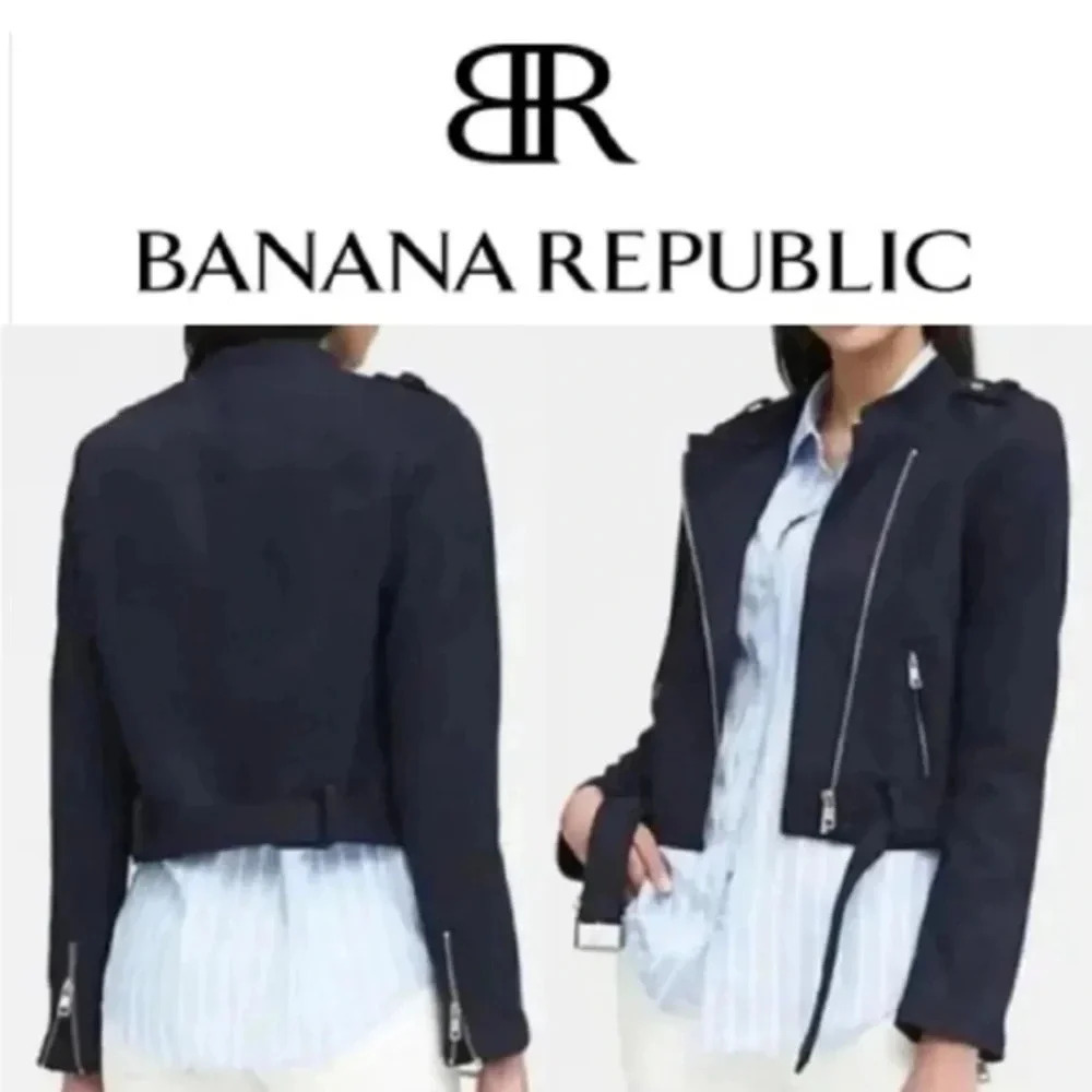 Banana Republic‎ | Navy blue vegan suede moto biker jacket Women’s S petite PS - Picture 10 of 10